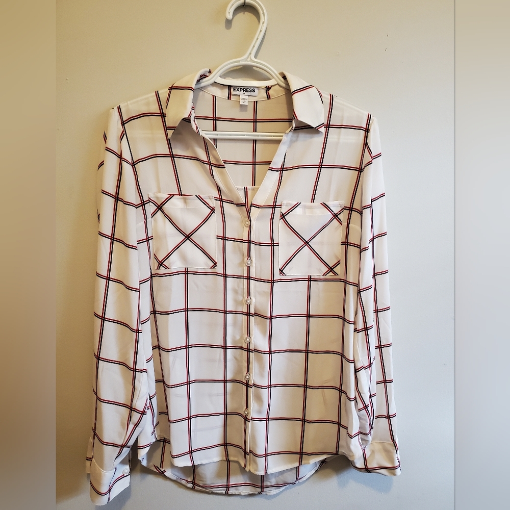 Express small White button down. Red black pin stripes
